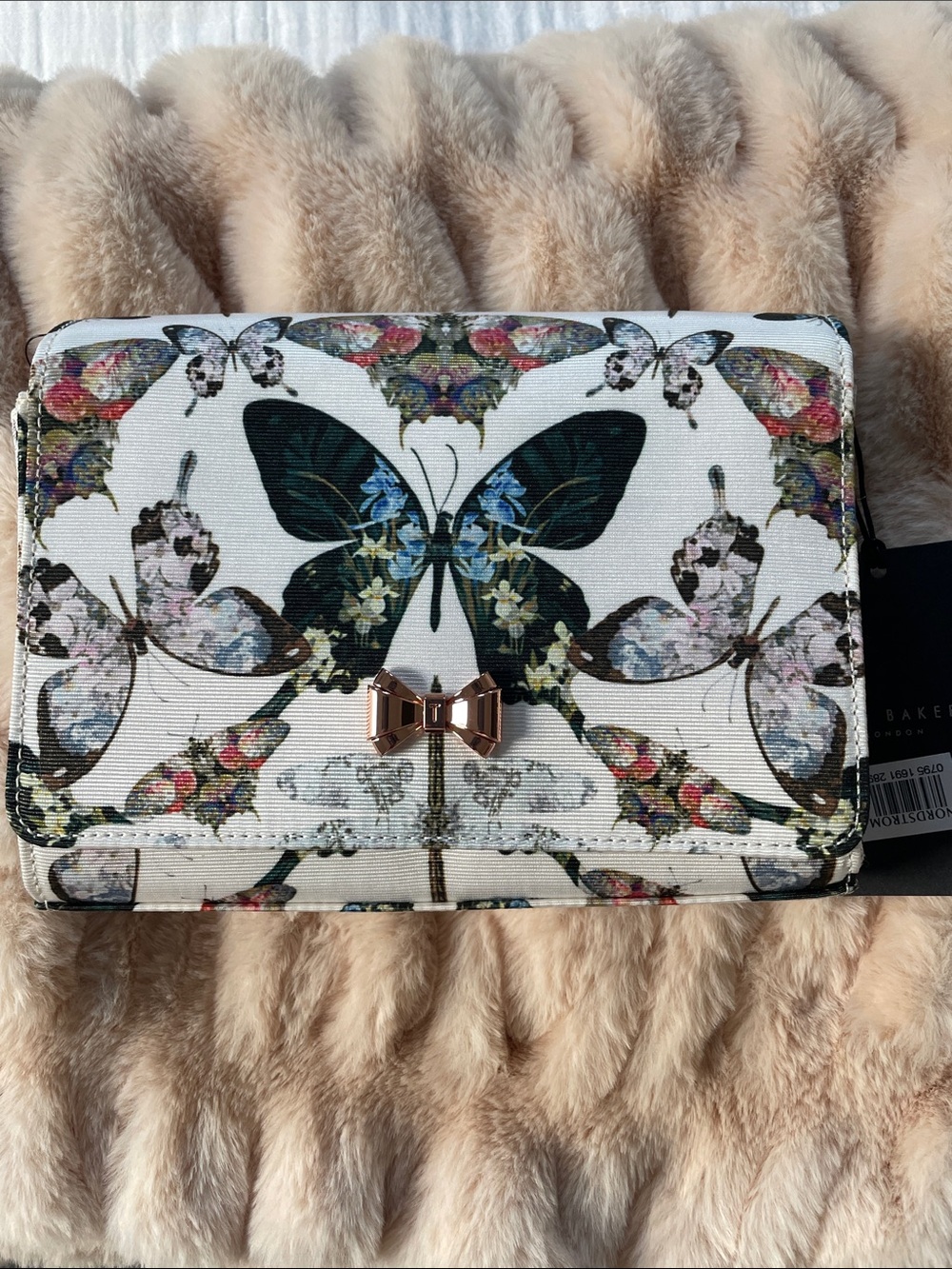 Ted Baker Cream Evening Bag Multicolor Floral Butterfly Print and Rose Gold Bow
